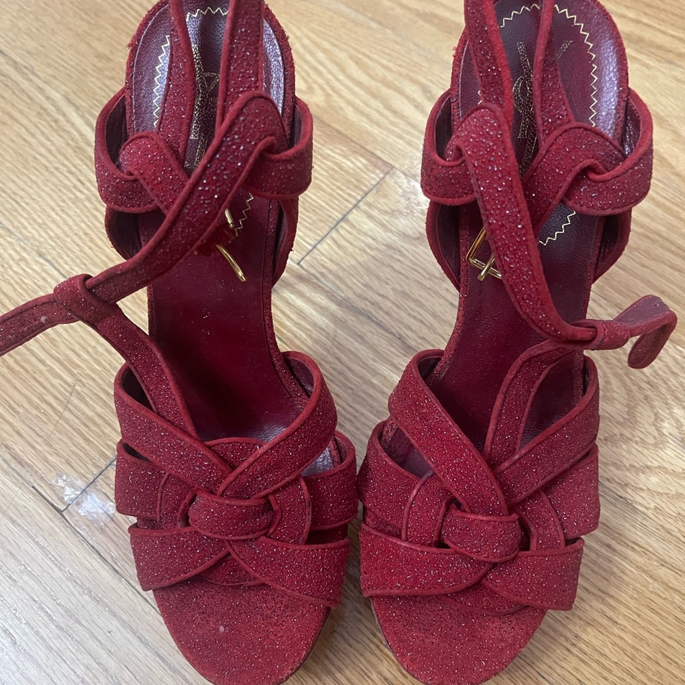 Ysl red glitter platform tribute heels